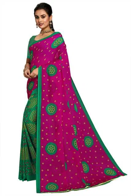 Kanooda Prints Georgette Women Saree With Un-stitched Blouse (Rani Pink) (KP-79)