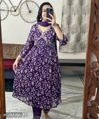 Organza Printed Kurti with Pant & Dupatta for Women (Purple, M)