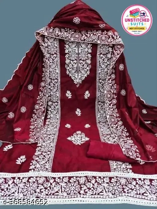 चंदेरी कॉटन कढ़ाईदार अनस्टिच्ड सूट महिलाओं के लिए (मैरून)