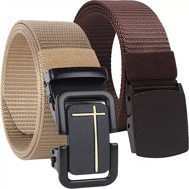 Casual Nylon Belt for Men (Cream & Brown, Pack of 2)