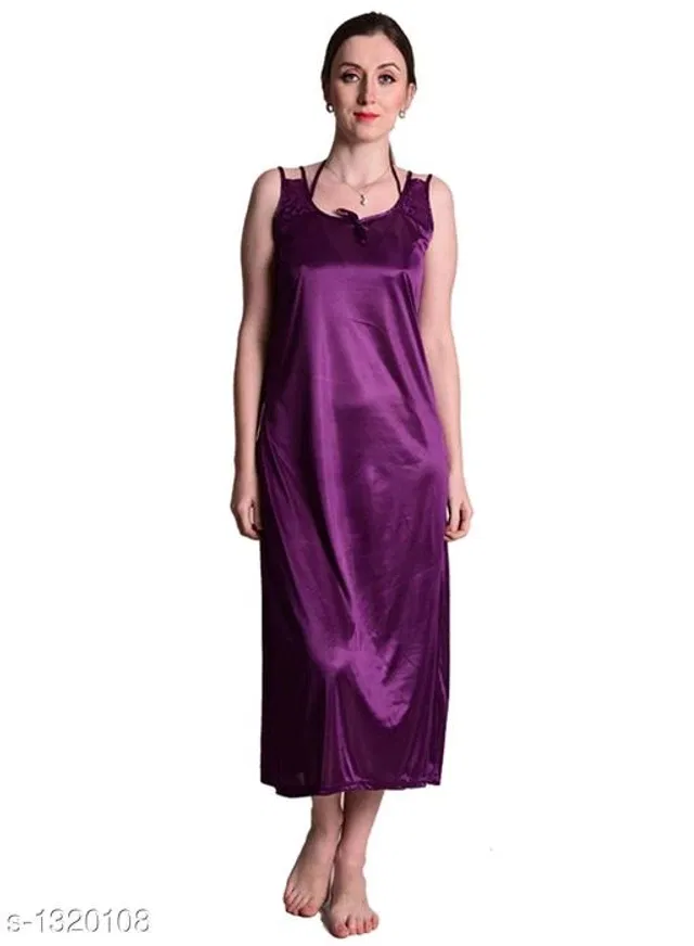 Satin Nightdress Set for Women (Purple, L)