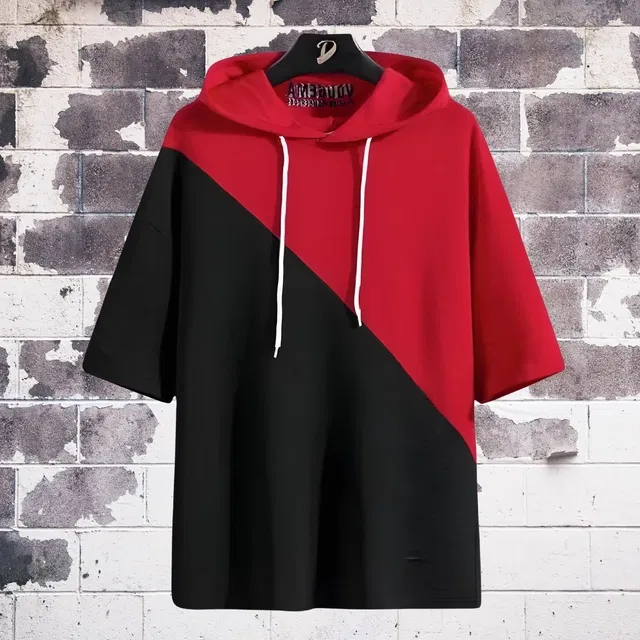 Cotton Blend Colorblocked Hoodie for Men (Red & Black, S)