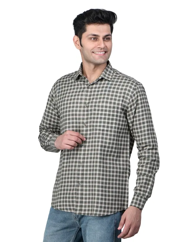 Cotton Blend Full Sleeves Chequered Shirt for Men (Brown, L)