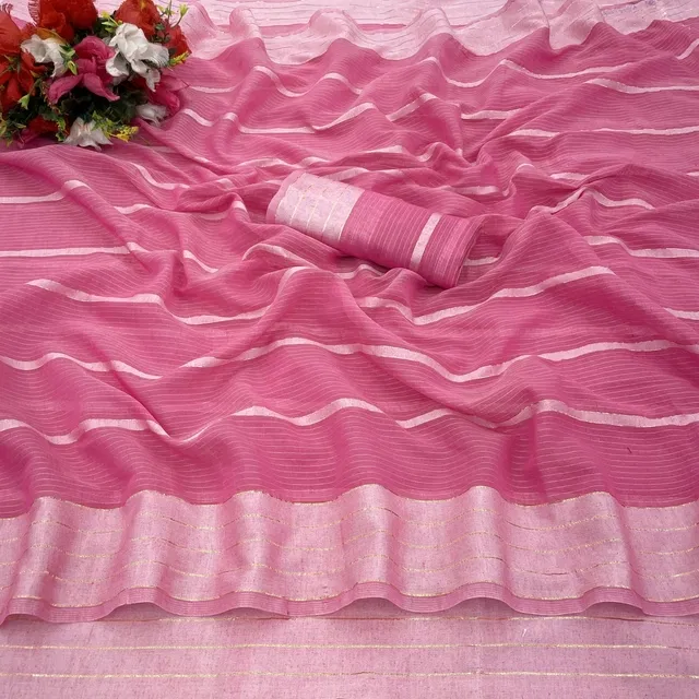 Cotton Blend Striped Saree for Women (Pink, 6.3 m)