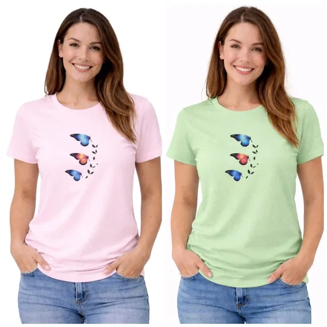 Cotton Blend T-shirt for Women, Green & Pink, Pack of 2 (S)