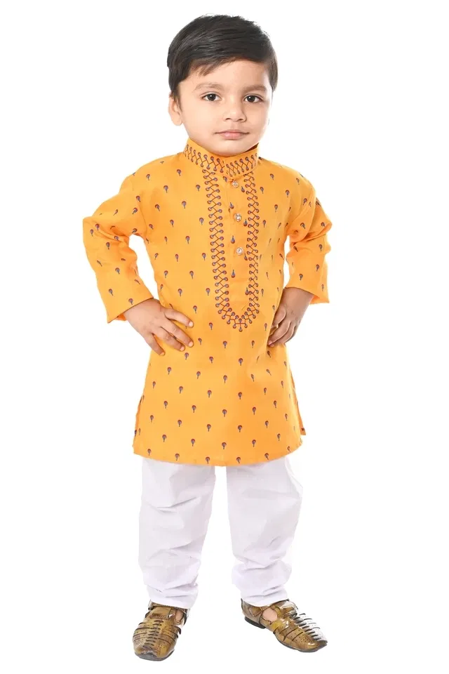 Cotton Blend Printed Kurta with Payjama for Boys, Yellow & White (2-3 Years)