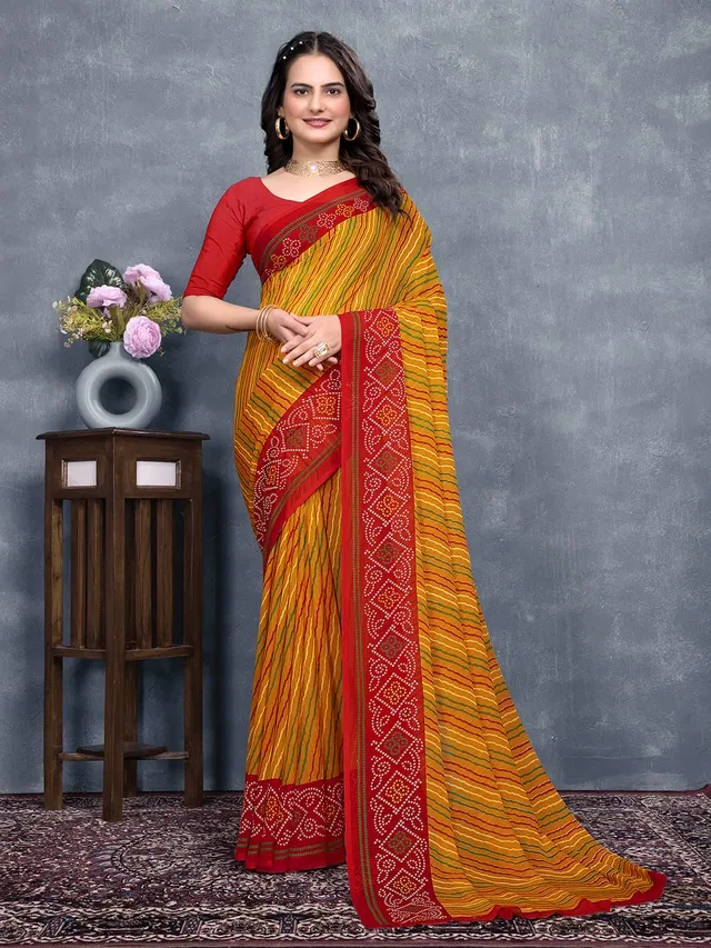 Georgette Printed Saree for Women (Red & Yellow, 6.3 m)