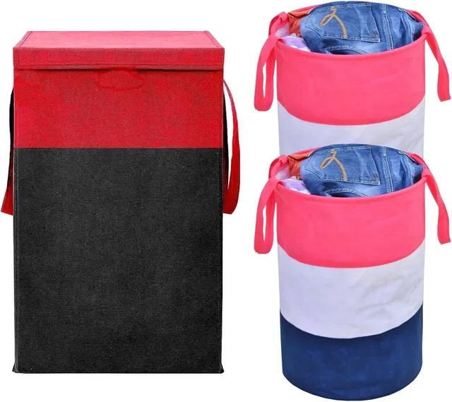 Canvas Laundry Basket,Red & Pink, (Pack Of 3)