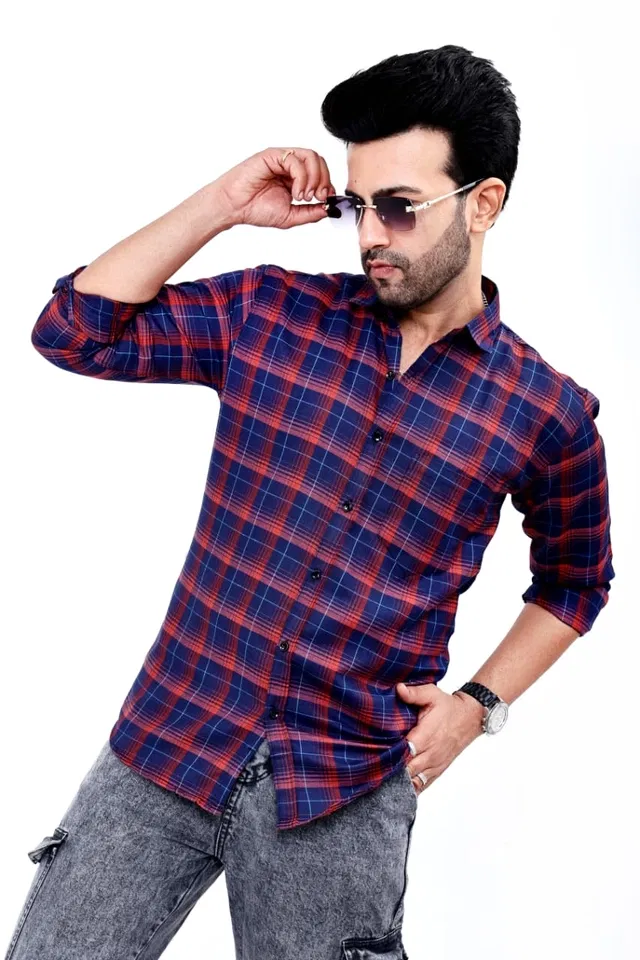 Cotton Blend Checked Shirt for Men, Red (XXL)