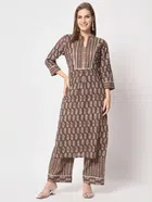 Cotton Printed Kurta with Pant for Women (Brown, M)