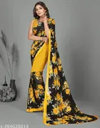 Georgette Printed Saree for Women, Yellow 