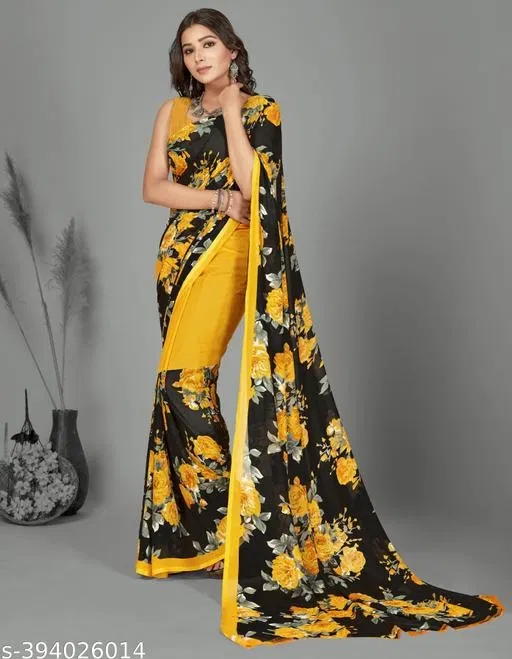 Georgette Printed Saree for Women, Yellow (6.3 m)