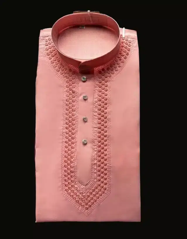 Cotton Blend Embroidered Kurta for Men (Pink, M)
