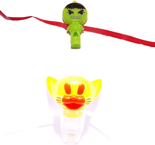 Plastic Hulk and Cat Light Whistle Rakhi for Kids (Multicolor, Pack of 2)