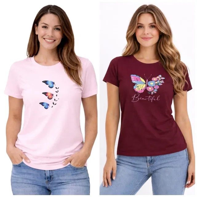 Cotton Blend T-shirt for Women, Maroon & Pink, Pack of 2 (L)
