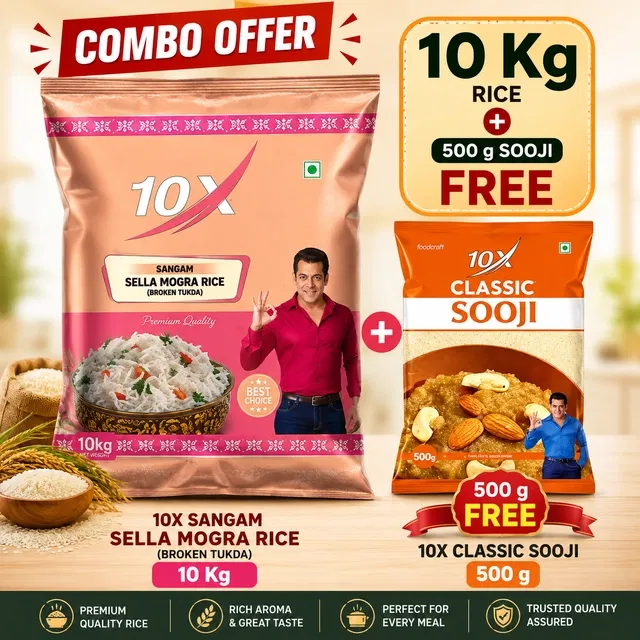 10X संगम सेला मोगरा चावल 10 kg + 10X क्लासिक सूजी 500 g फ्री