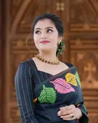 Litchi Silk Botanical Saree for Women, Black 