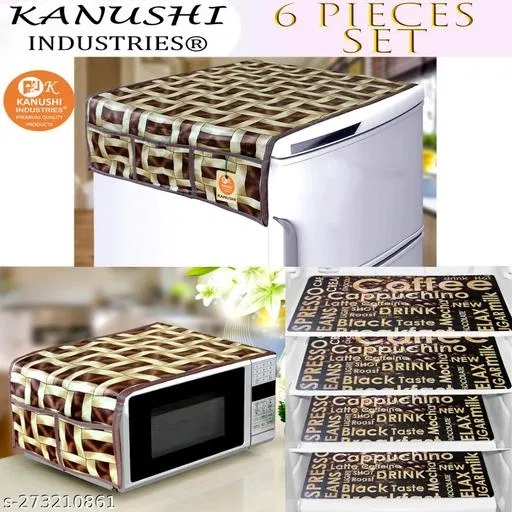 KANUSHI Industries® 1 Pc Microwave/Oven Top Cover + 1 Pc Fridge/Refrigerator Top Cover + 4 Fridge Mate (Color-Brown) (Micro+FRI-Brown-Golden-LINE+M-26-04)