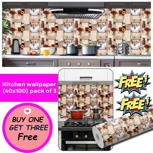 Vinyl Waterproof Wallpaper Roll for Kitchen Wall (Multicolor, 1 m) (Pack of 3)