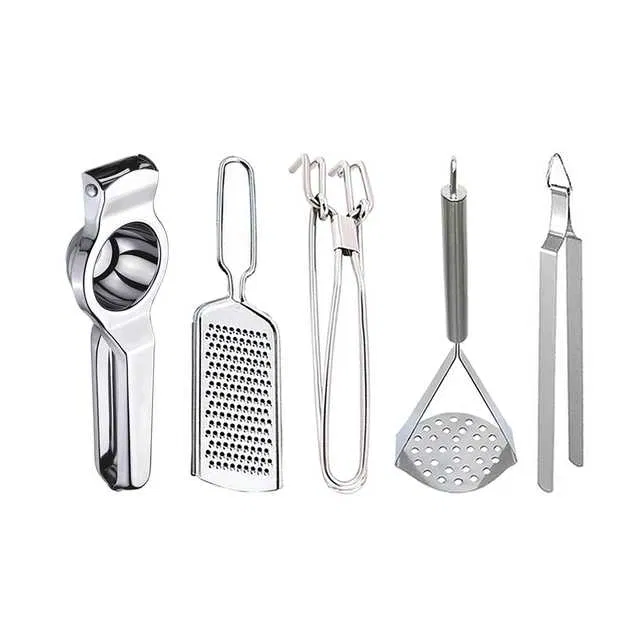 Oc9 Stainless Steel Lemon Squeezer & Cheese Grater & Pakkad & Potato Masher & Roti Chimta Kitchen Tool Set (O-97)