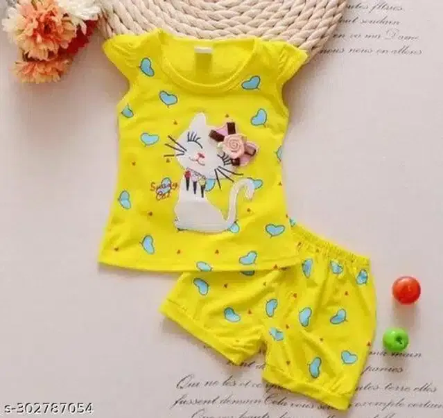 Hosiery Cotton Sleeveless Top with Pant Clothing Set for Girls (Yellow, 6-9 Months)