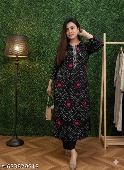 Rayon Ethnic Motif Kurta Set with Gota Work for Women (Black, Top XXL, Bottom XXXL)