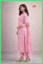 Cotton Silk Printed Kurta With Paint & Dupatta Set for Women, Peach 