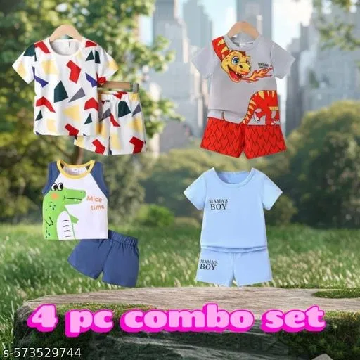 Hosiery Cotton Printed Clothing Set for Kids, Multicolor, Pack of 4 (9-12 Months)