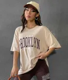 Round Neck Printed T-Shirt for Women (Beige, XL)