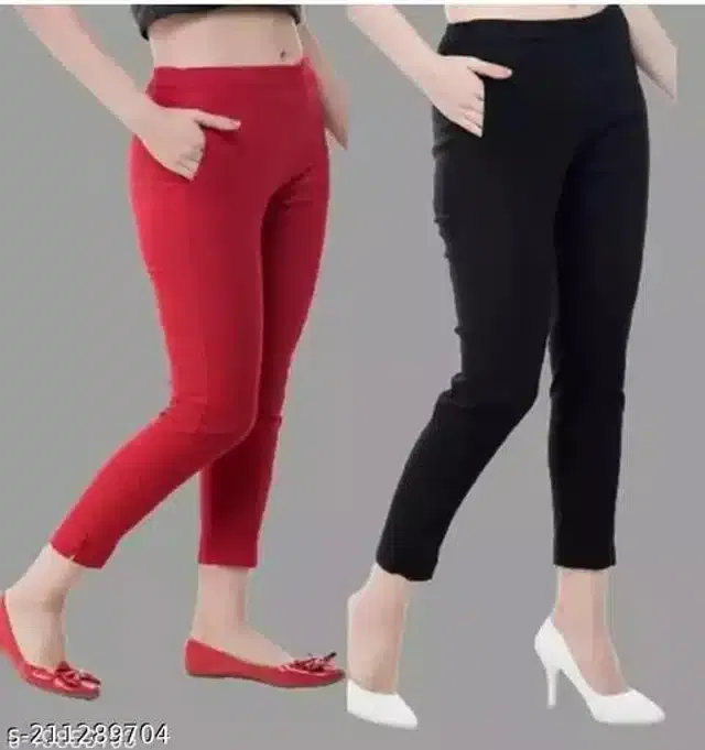 Cotton Blend Trouser for Women (Black & Red, 28) (Pack of 2)