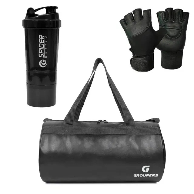 PU Leather Gym Bag with Gloves & Shaker Bottle (500 ml) for Men & Women (Multicolor, Set of 1)