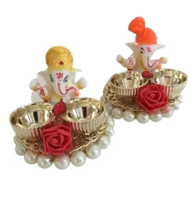 Metal Decorative Ganpati Haldi Kumkum Stand with 2 Roli Chawal Holder, Multicolor