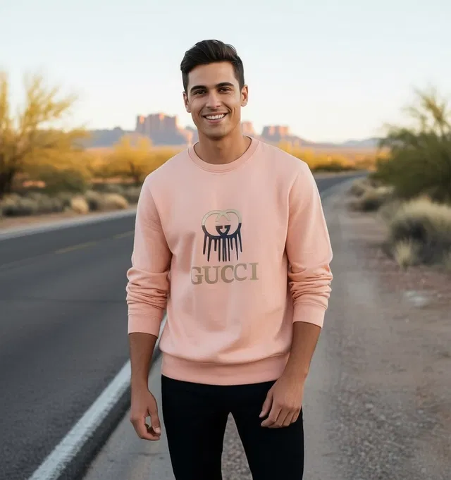 Fleece Printed Hoodie For Men, Peach (L)