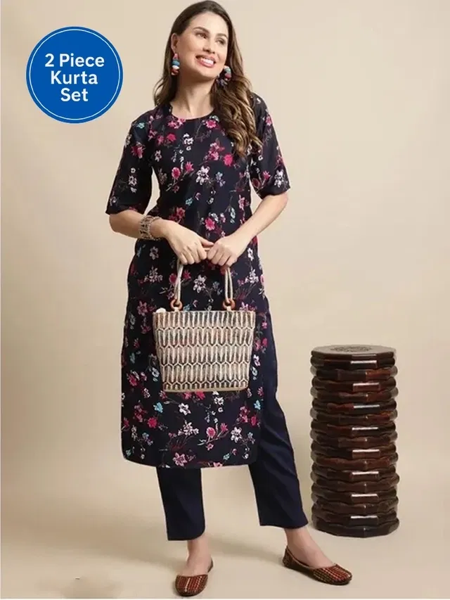 Crepe Floral Print Women's Kurta with Pant Set (Blue, S)