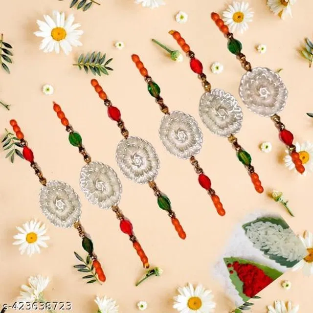 Handmade Designer Rakhi with Roli Chawal (Multicolor, Pack of 6)