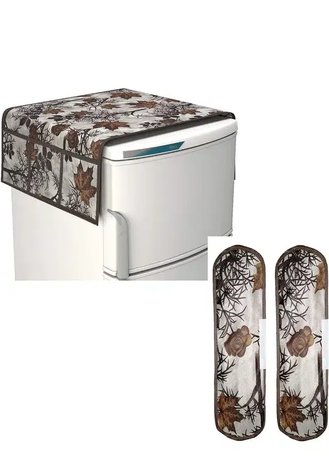 Knit Printed Fridge Top & Handle Cover (Brown, Set of 1)