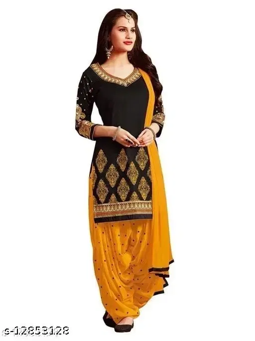 Crepe Printed Unstitched Suits Fabric for Women (Black & Yellow)