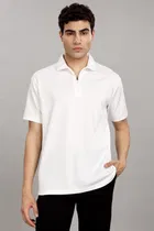 Cotton Blend Polo Neck T-Shirt for Men (White, M)