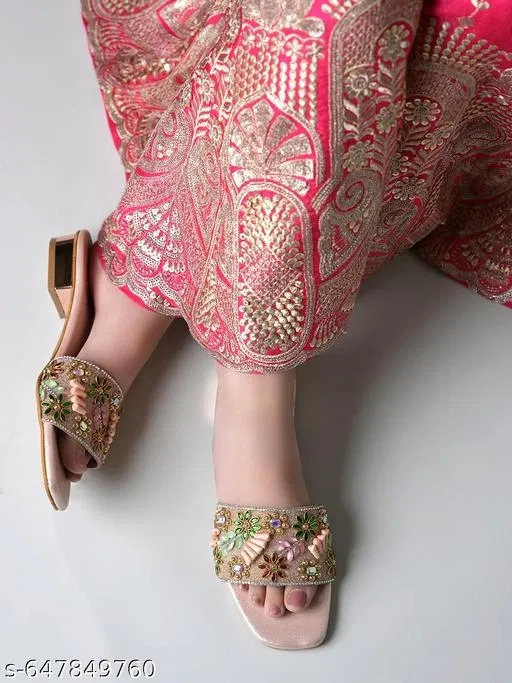 Shoetopia Pink Embellished Flat Sandals (IND-6)