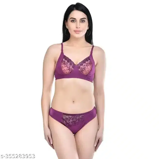 Polycotton Bra with Panty for Women (Purple, 34B)