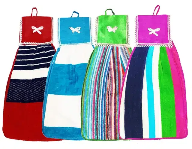 Soft Cotton Double Side Hanging Hand Towel (Multicolor, Pack of 4)