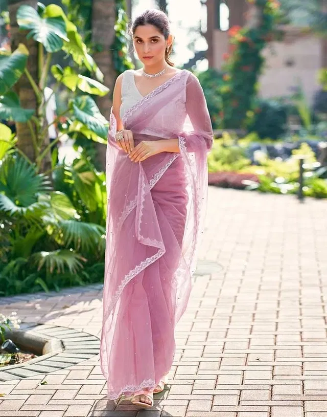 Net Embellished Saree for Women (Pink)