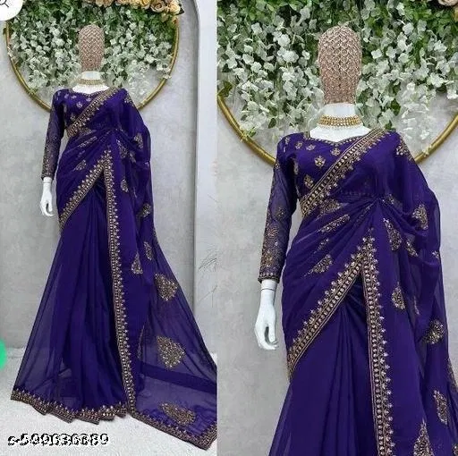 Georgette Saree for Women, Blue (5.5 M)
