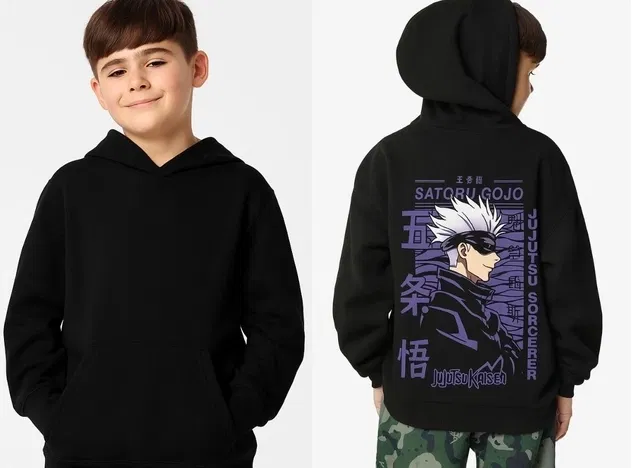 Light Fleece Printed Hoodie for Kids (Black, 9-10 Years)