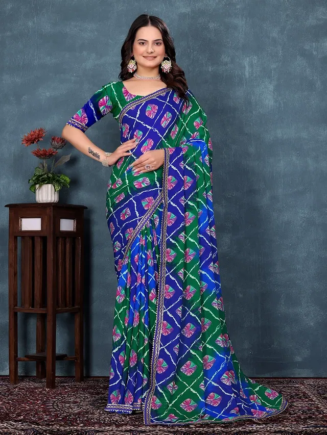 Georgette Printed Saree for Women (Blue, 6.3 m)