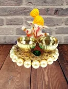 Metal Decorative Ganpati Haldi Kumkum Stand with 2 Roli Chawal Holder, Multicolor