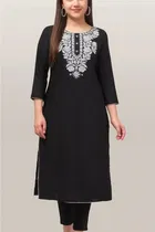 Star Design Cotton Embroidery Long Kurti For Women (Black) Size (S)
