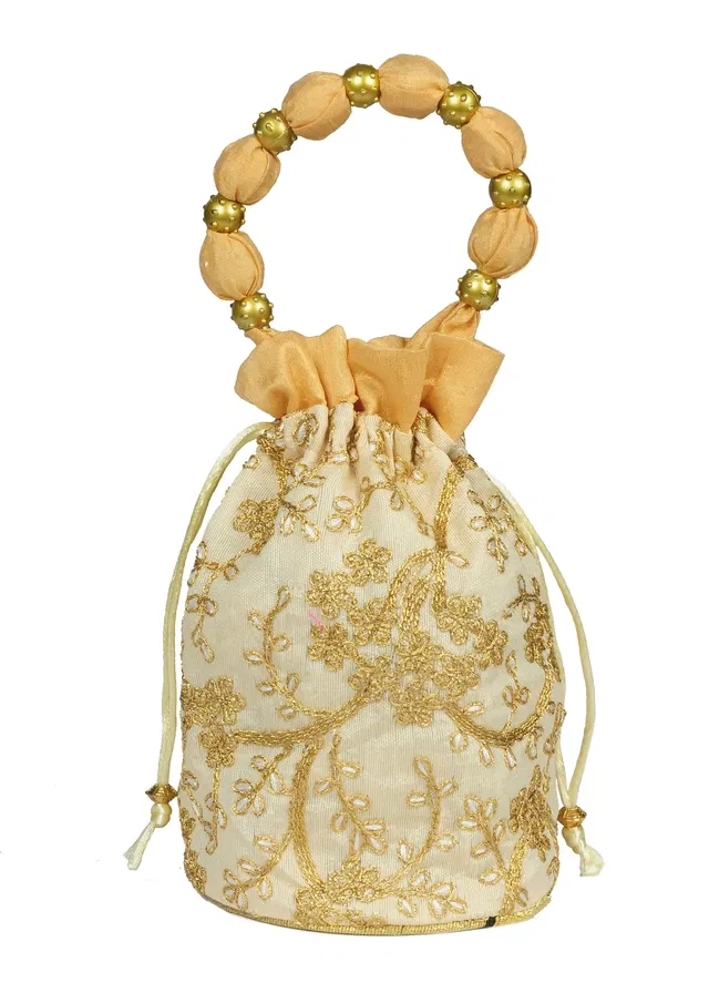 Silk Floral Ethnic Rajasthani Traditional Work Potli with Handle for Return Gifts (Gold)