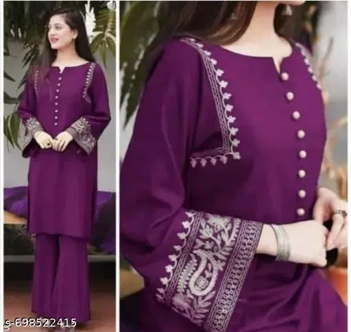 Embellished Animal Print Kurta Set for Women (Wine, M)