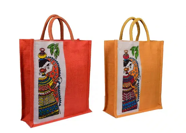 Jute Vegetable Shopping Bag (Multicolor, Pack of 2)